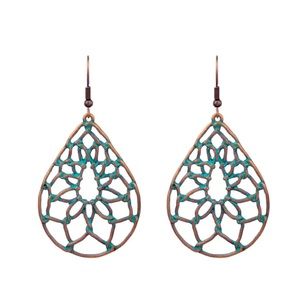 New Bohemian Cut Out Floral Dream Catcher Copper Turquoise Dangle Earrings